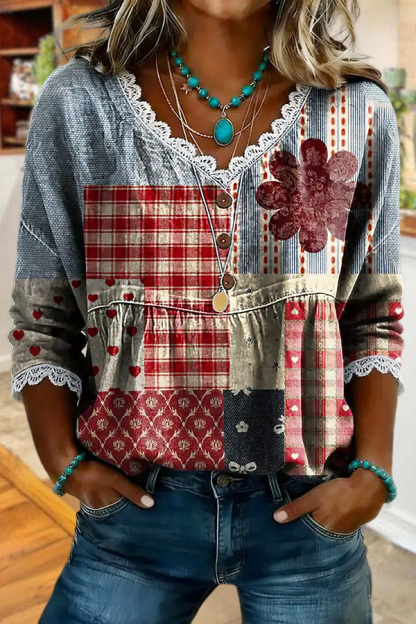 Retro Plaid Patchwork Crochet Ruched 3/4-Sleeve Shirt