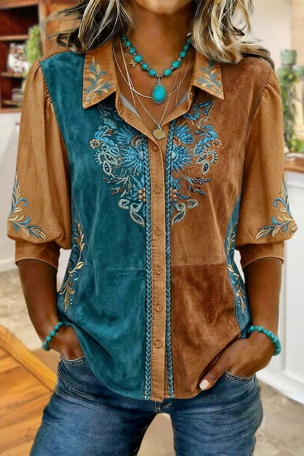 Western Cotton Floral Patchwork Puff-Sleeve Shirt