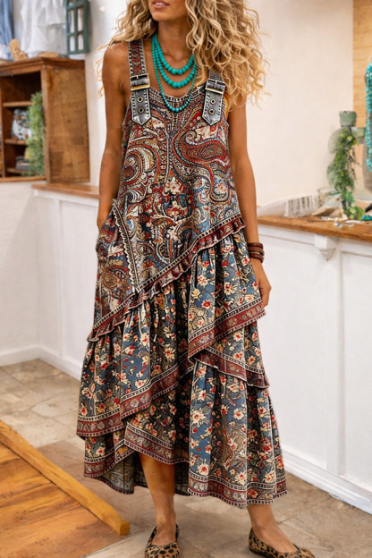 Retro Paisley Floral Adjustable Layered Pinafore Dress