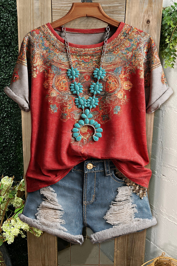 Ethnic Floral Patchwork Crew-Neck Tee