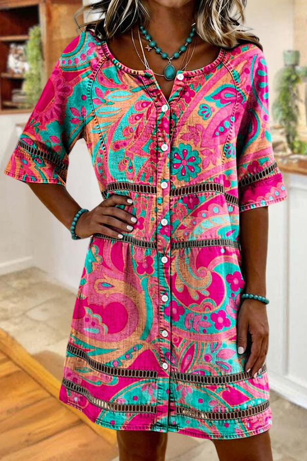 Western Color-Block Floral Cutout Cotton Patchwork Dress