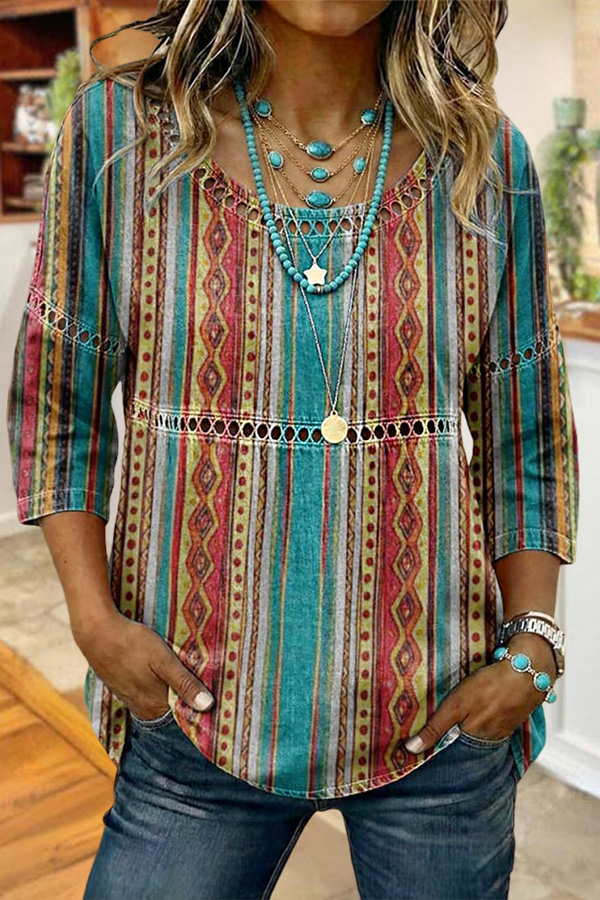 Aztec Colorful Striped Cutout Patchwork Shirt