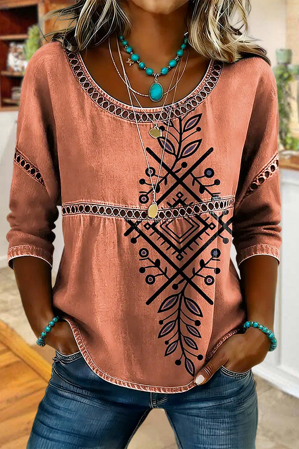 Retro Cotton Printed Cutout Patchwork Shirt