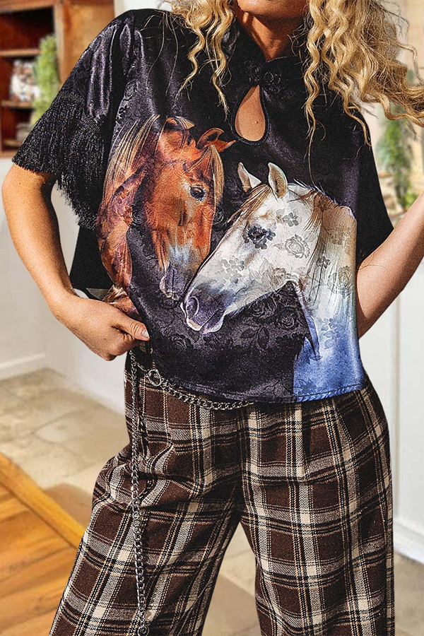 Western Wild Horse Satin Woven Button And Fringe Top