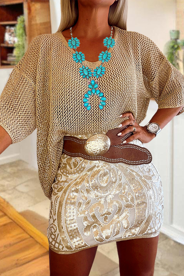 Cozy And Breathable Shimmering Gold Crochet Sweater