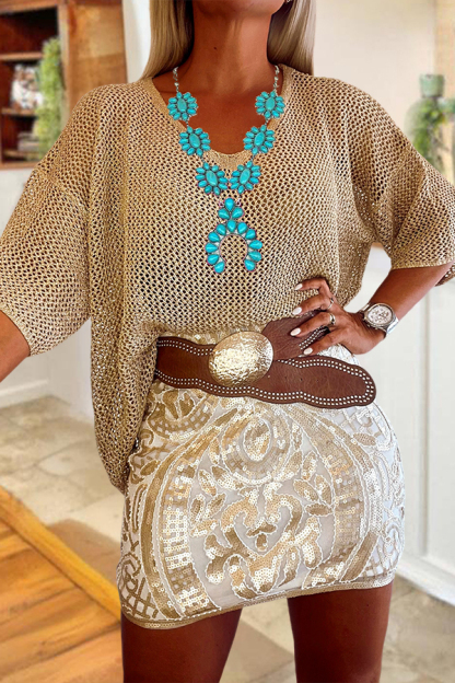 Cozy And Breathable Shimmering Gold Crochet Sweater