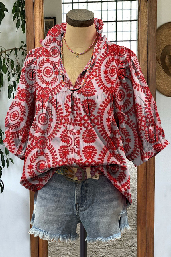 Women's top | Elegant Puff Sleeve Graphic Print Top |Shopify-ladyboutiquebd