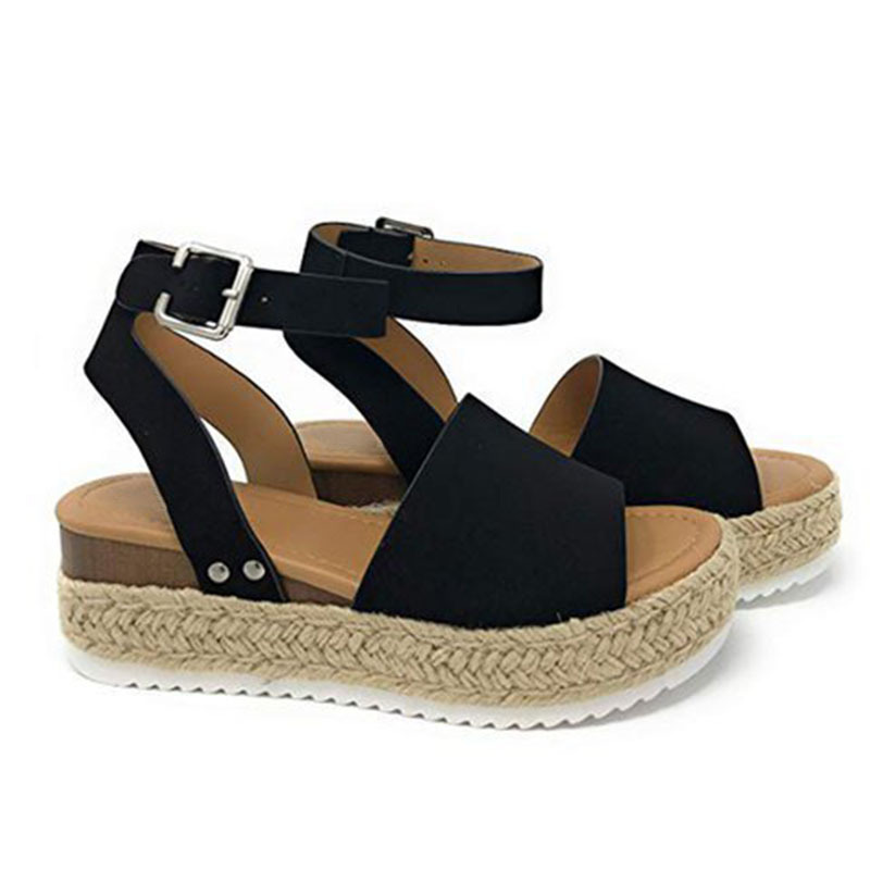 Linen Platform Buckle Ankle Strap Sandals