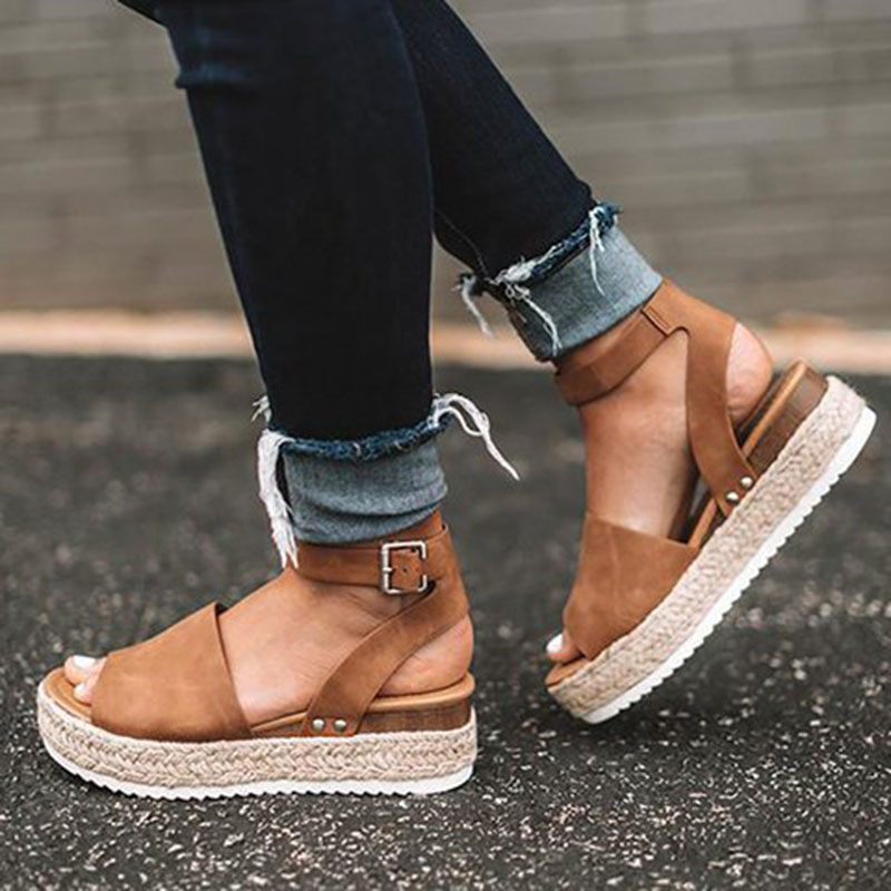 Linen Platform Buckle Ankle Strap Sandals