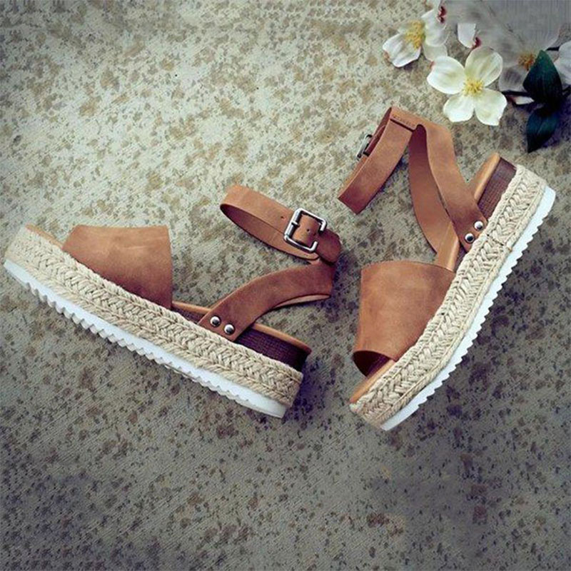 Linen Platform Buckle Ankle Strap Sandals