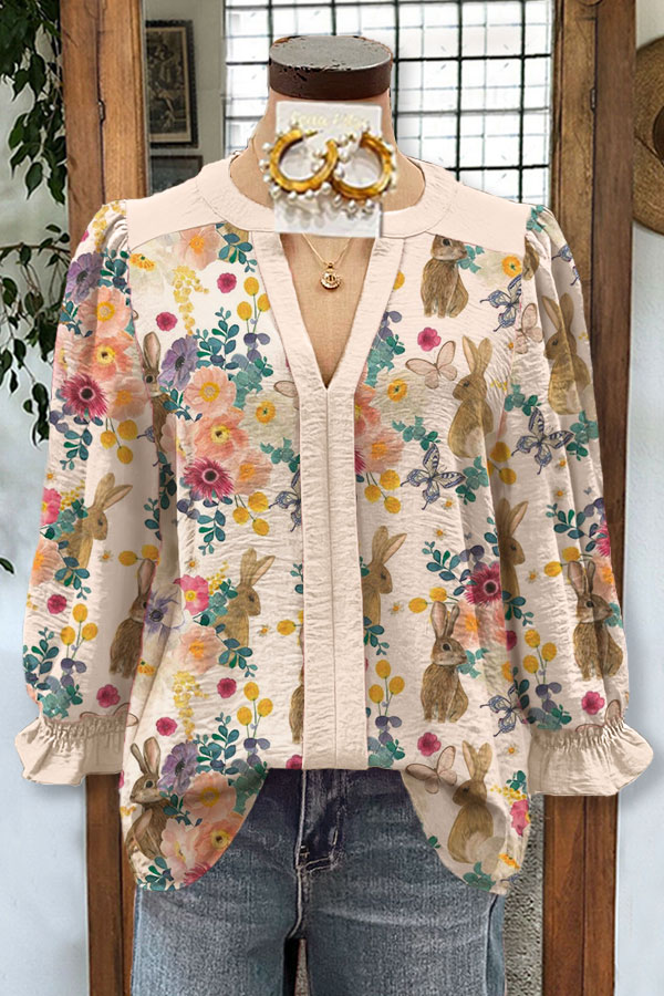 Easter Bunny Floral Print V-neck Top