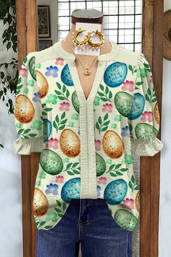Easter Egg Print V-neck Top