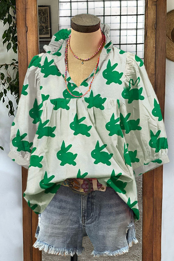 Women's top | Easter Bunny Print Pleated Puff Sleeve V-neck Top |Shopify-ladyboutiquebd