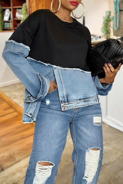 Stylish Irregular Hem Denim Patch Sweatshirt