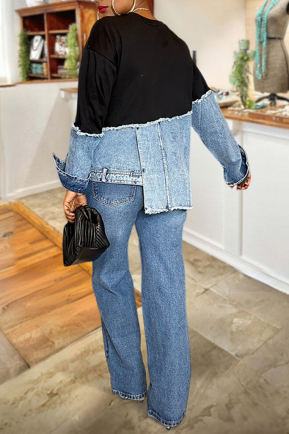 Stylish Irregular Hem Denim Patch Sweatshirt