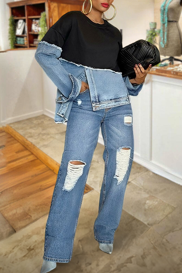 Stylish Irregular Hem Denim Patch Sweatshirt