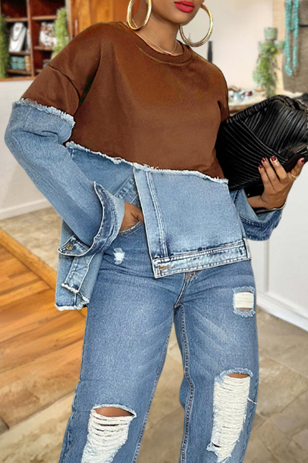 Stylish Irregular Hem Denim Patch Sweatshirt