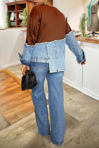 Stylish Irregular Hem Denim Patch Sweatshirt