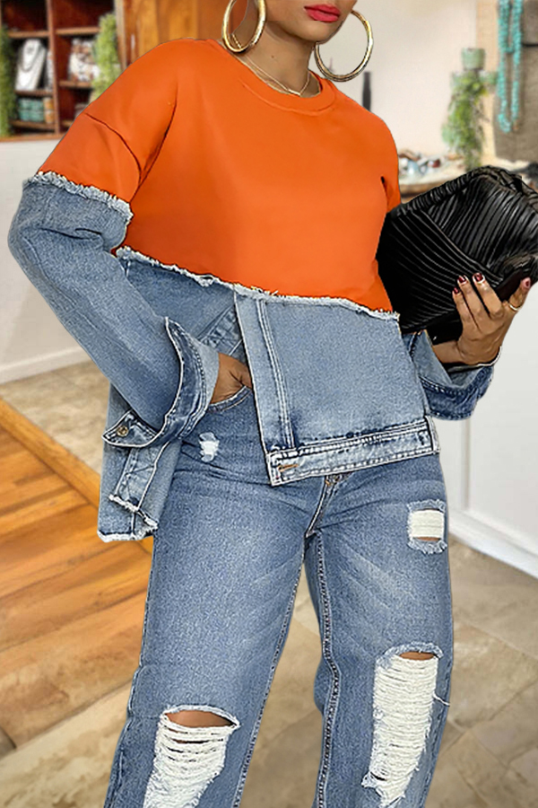 Stylish Irregular Hem Denim Patch Sweatshirt