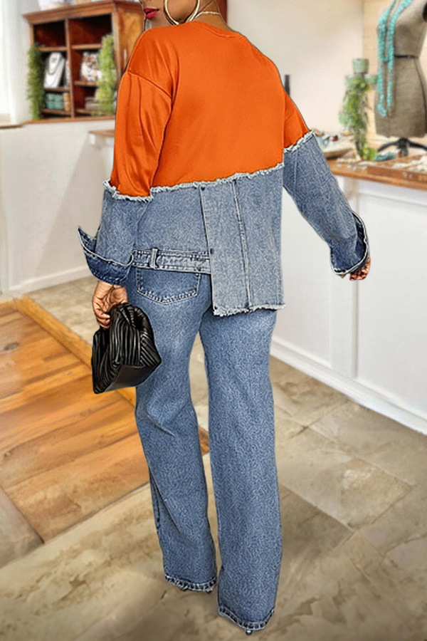 Stylish Irregular Hem Denim Patch Sweatshirt