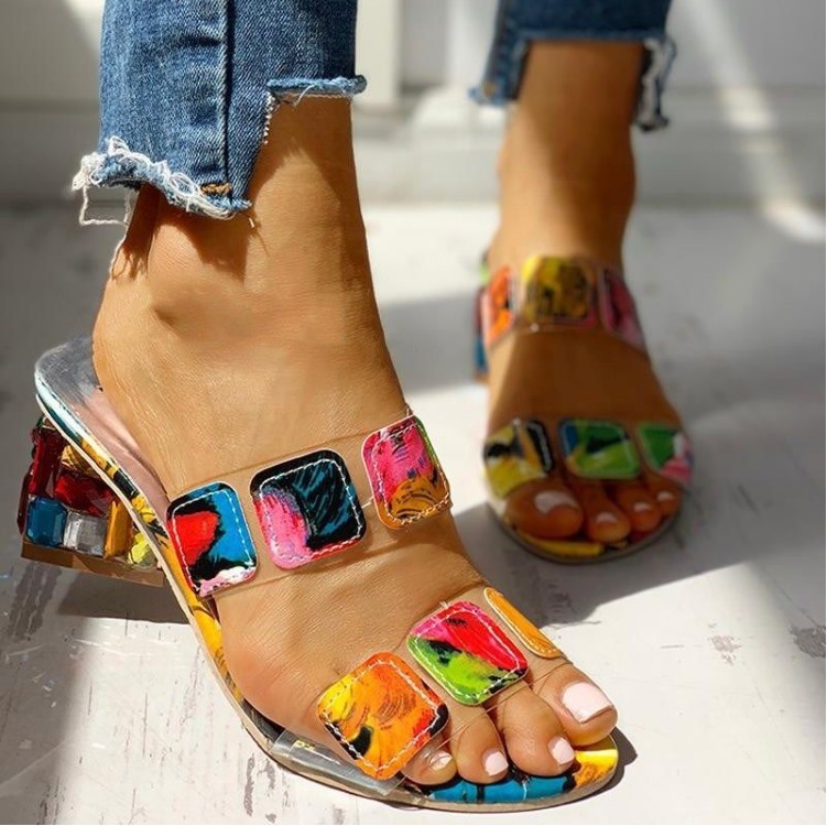 Women's shoes | Multicolor Diamond Block Heel Slippers |Shopify-ladyboutiquebd