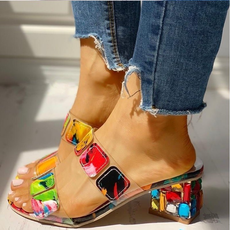 Multicolor Diamond Block Heel Slippers