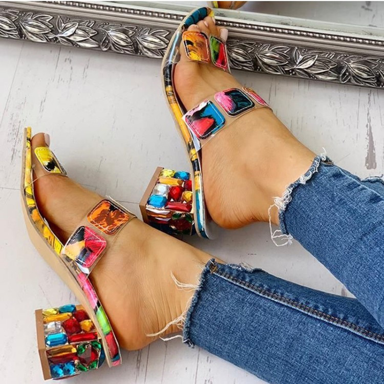 Multicolor Diamond Block Heel Slippers