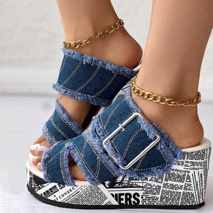 Raw Buckle Wedge Sandals