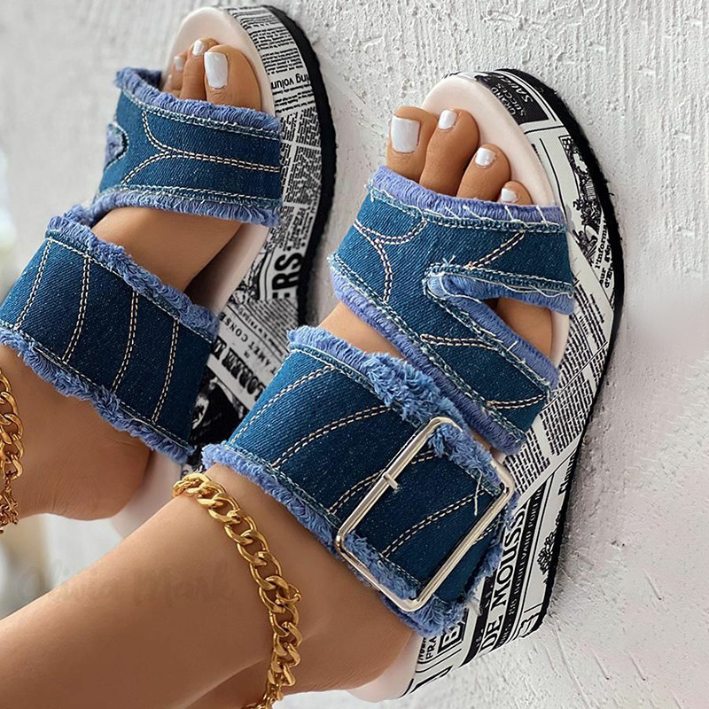 Raw Buckle Wedge Sandals