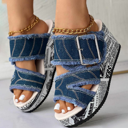 Raw Buckle Wedge Sandals