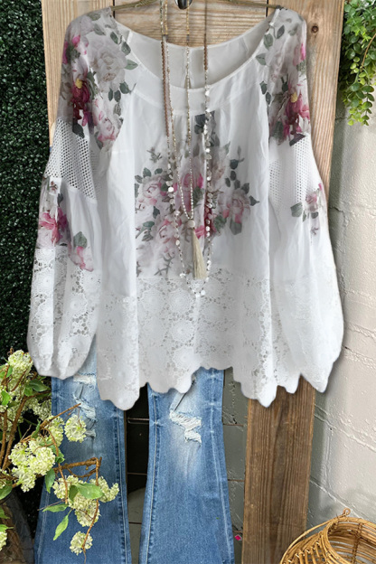 Vintage Floral Print Lace Crew Neck Top