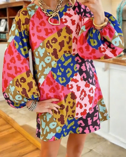 Colorful Leopard Lantern Sleeve Sweatshirt Dress