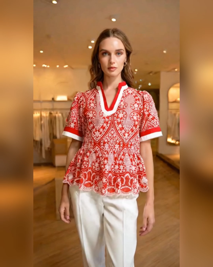 Eyelet Fabric Color Blocked Ruffle Shirt