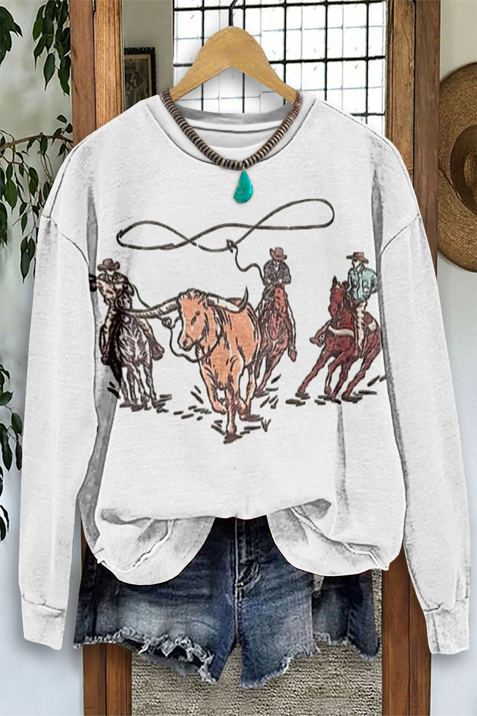 Retro Western Cowboy Print Long Sleeve Sweatshirt