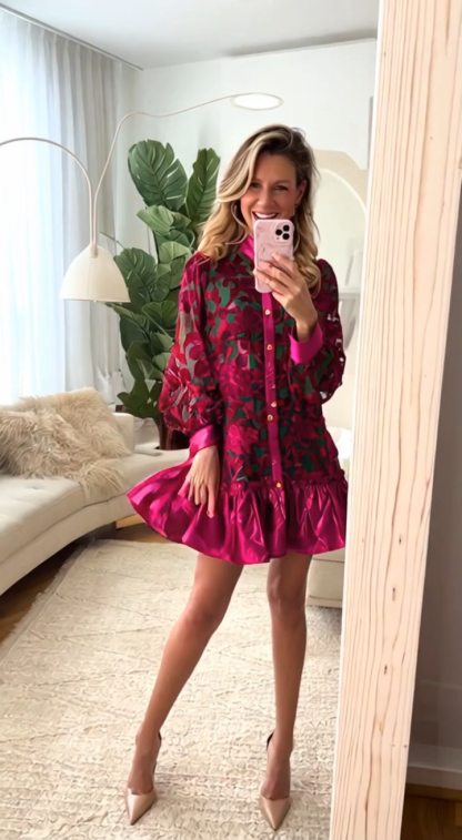 Elegant Velvet Floral Ruffled Hem Dress