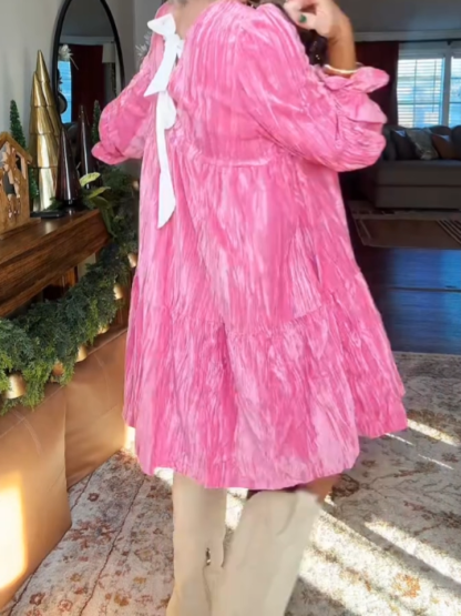 Sweet Draped Velvet Tie Ruffled Sleeves Dress