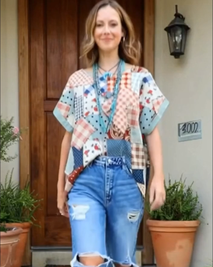 Country-Style Plaid Patchwork Batwing Sleeve Top