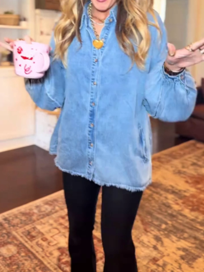 Casual Denim Frayed Edges Puff Sleeves Shirt