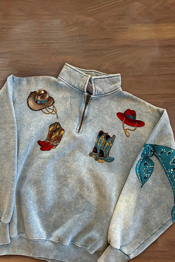 Western Boots Hat Printed Zip-Up Sweatshirt
