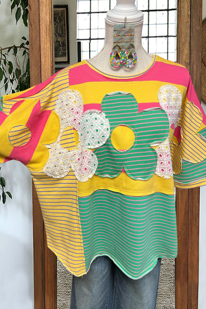 Fresh Floral Patchwork Contrast Color T-Shirt