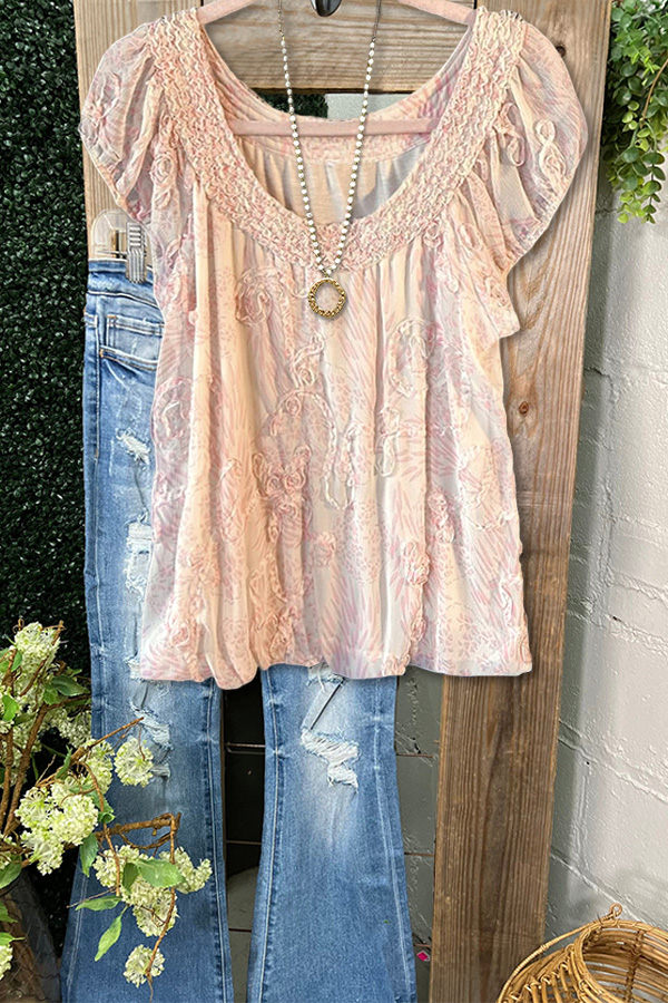 Elegant Floral Smocked Crew Neck Top