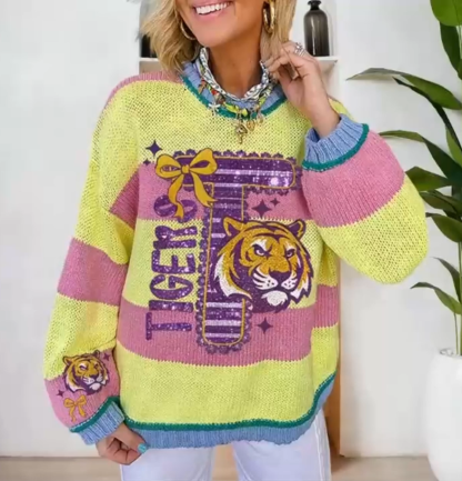 Baseball Striped Sparkly Tiger Sweater