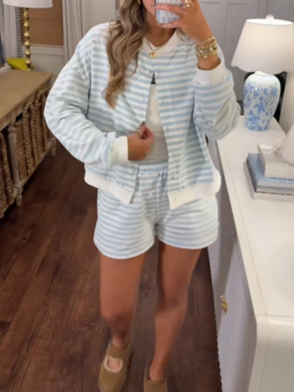 Classic Striped Cardigan And Shorts Set