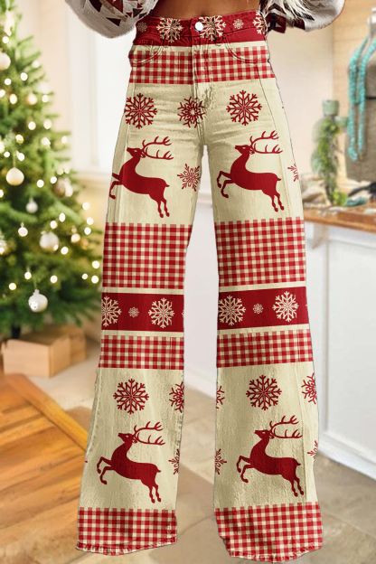 Classic Christmas Reindeer Wide-Leg Pants