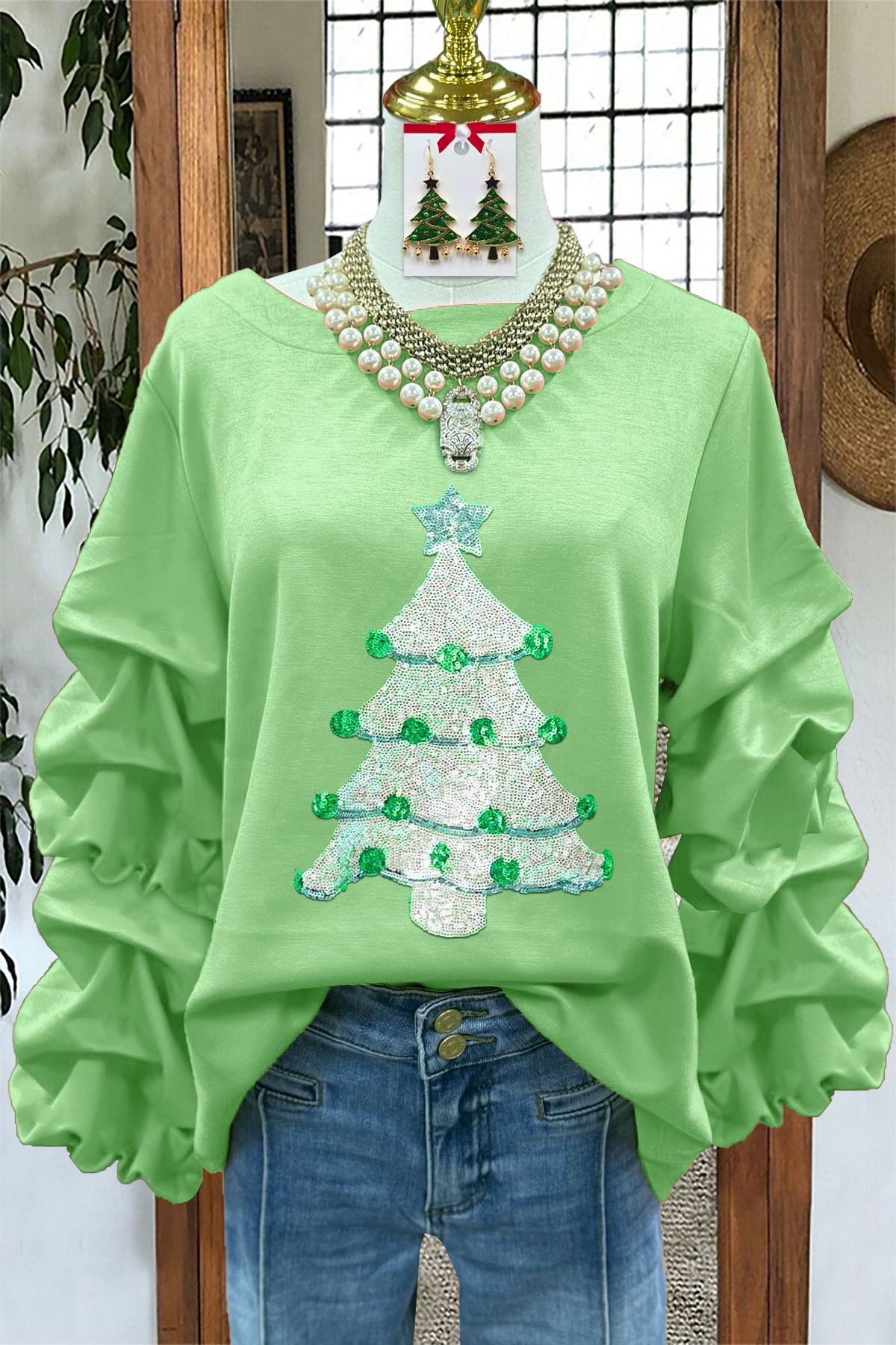 Sweet Christmas Tree Sequined Pleated Sweatshirt