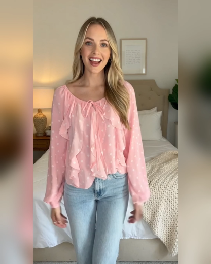 Retro Polka Dot Flowy Ruffle Shirt