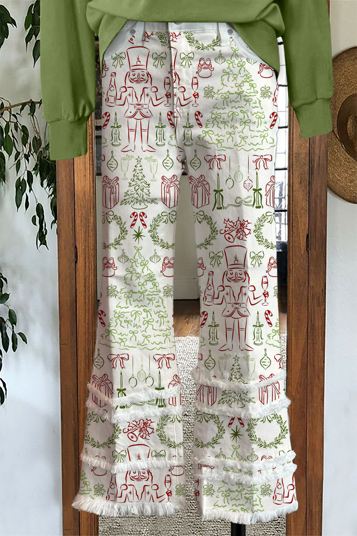 Cute Christmas Tree Raw Hem Pants