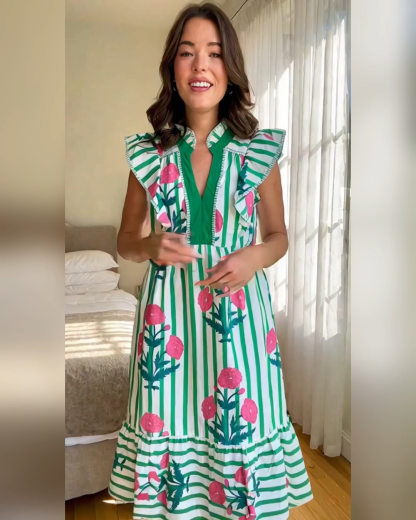 Floral Stripes Flutter Sleeves Maxi Dress