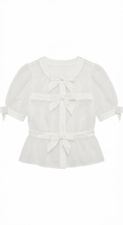 Sweet Bow Mesh Sheer Blouses