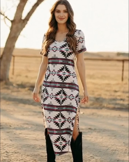 Western Aztec Print Slit Midi Dress